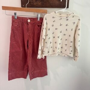 Zara Kids Floral Waffle Knit Top and Rose Velvet Wide Leg Pant Set Size 4-5 110